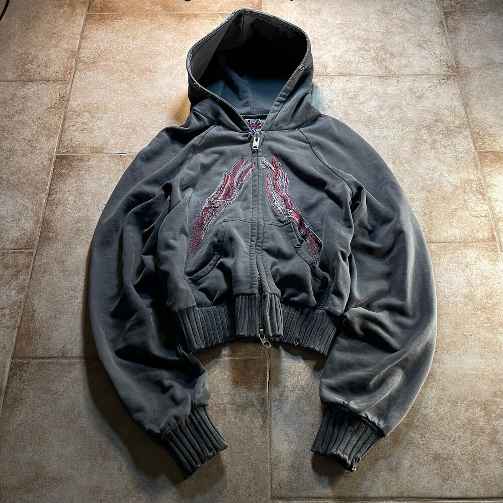 House of Errors Reflection Embroidered Zip Up Hoodie Gray Pink size L